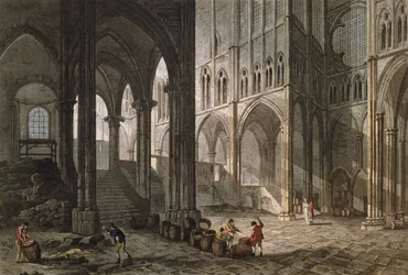 Merchant selling wine inside the basilica of Saint-Denis, 1809